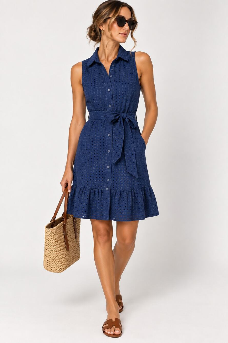 Lands' End Navy Eyelet Cotton Sleeveless Shirt Dress Belted Size 8